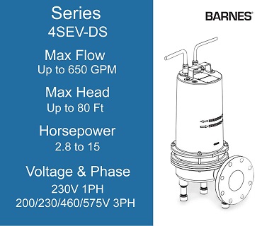Barnes Sewage Pumps, 4SEV-DS Series, 2.8 to 15 Horsepower, 230 Volts 1 Phase, 200/230/460/575 Volts 3 Phase